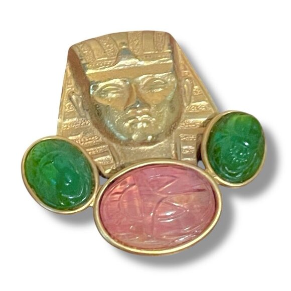Vintage Alexis Kirk Egyptian Revival Brooch Unsigned Pharaoh Glass Scarab Pin - Picture 2 of 10